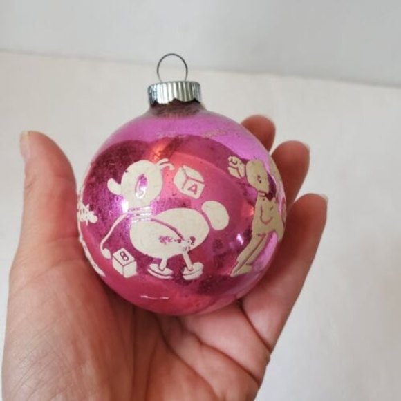 vintage Shiny Brite pink Stenciled toys bear clown boy christmas ornament 2"